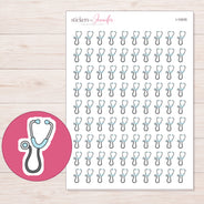 Pale Blue Stethoscope Planner Stickers | I-10035 — 5 × 7 inch sheet and enlarged sticker detail