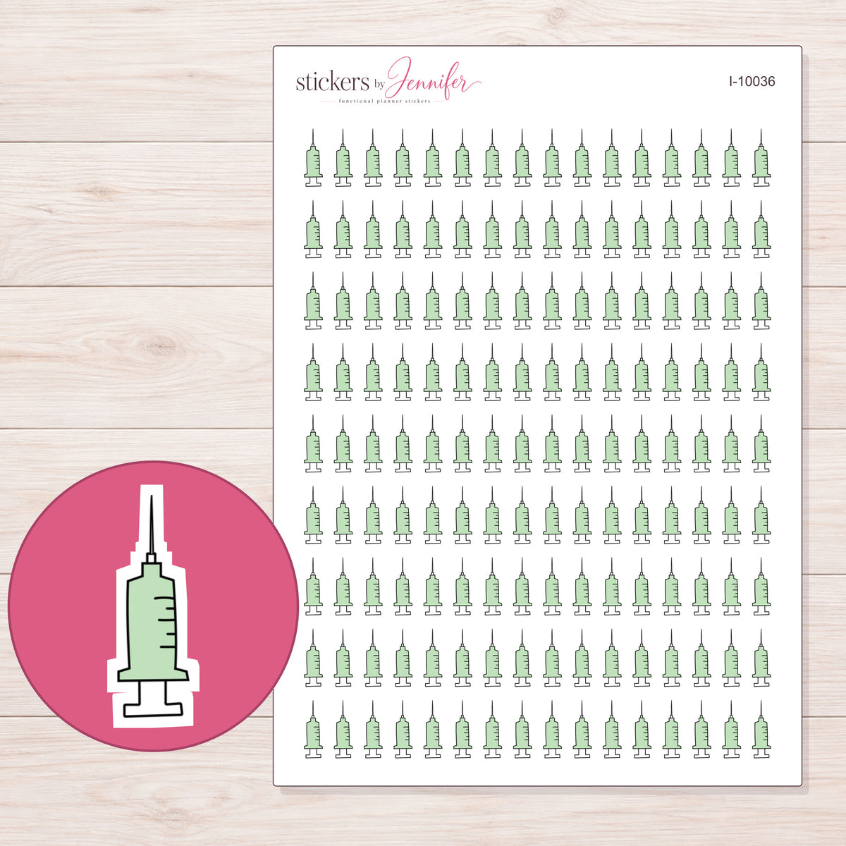Pale Green Syringe Planner Stickers | I-10036 — 5 × 7 inch sheet and enlarged sticker detail