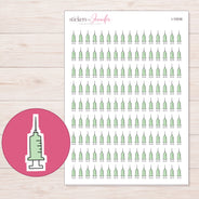 Pale Green Syringe Planner Stickers | I-10036 — 5 × 7 inch sheet and enlarged sticker detail