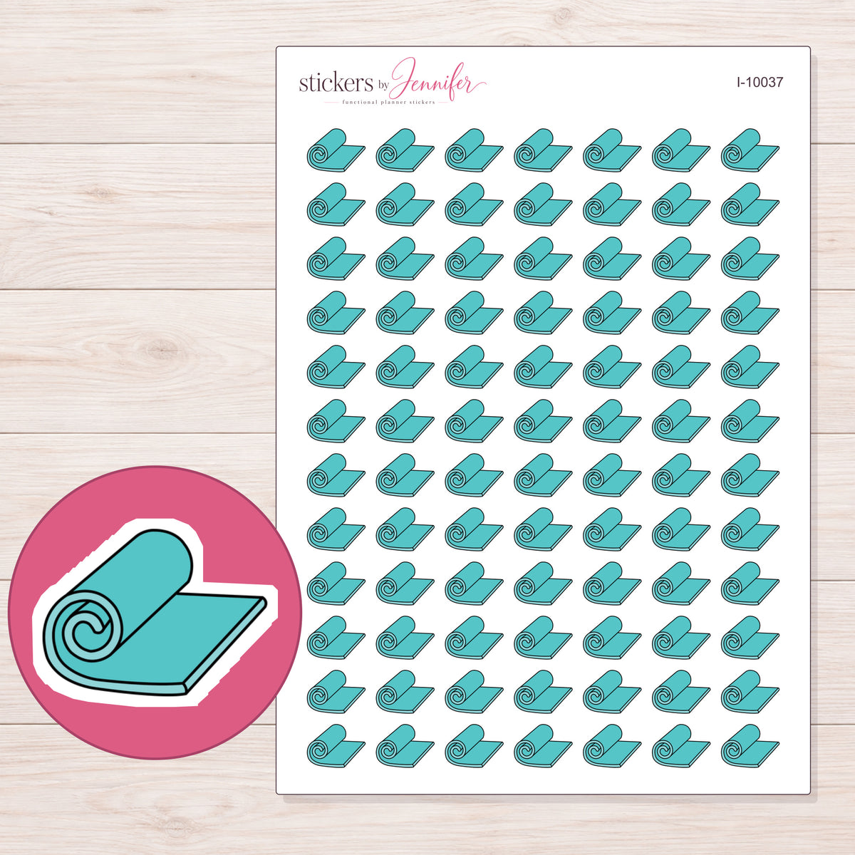 Teal Rolled Yoga Mat Planner Stickers | I-10037 — 5 × 7 inch sheet and enlarged sticker detail