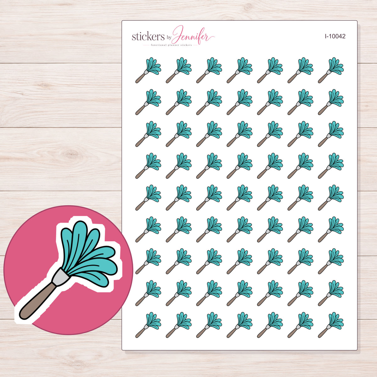 Teal Feather Duster Planner Stickers | I-10042 — 5 × 7 inch sheet and enlarged sticker detail