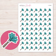 Teal Feather Duster Planner Stickers | I-10042 — 5 × 7 inch sheet and enlarged sticker detail