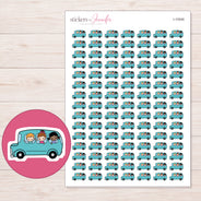 Teal School Trip Bus Planner Stickers | I-10046 — 5 × 7 inch sheet and enlarged sticker detail