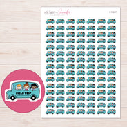 Teal Field Trip Bus Planner Stickers | I-10047 — 5 × 7 inch sheet and enlarged sticker detail