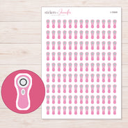 Pink Facial Cleansing Brush Planner Stickers | I-10049 — 5 × 7 inch sheet and enlarged sticker detail