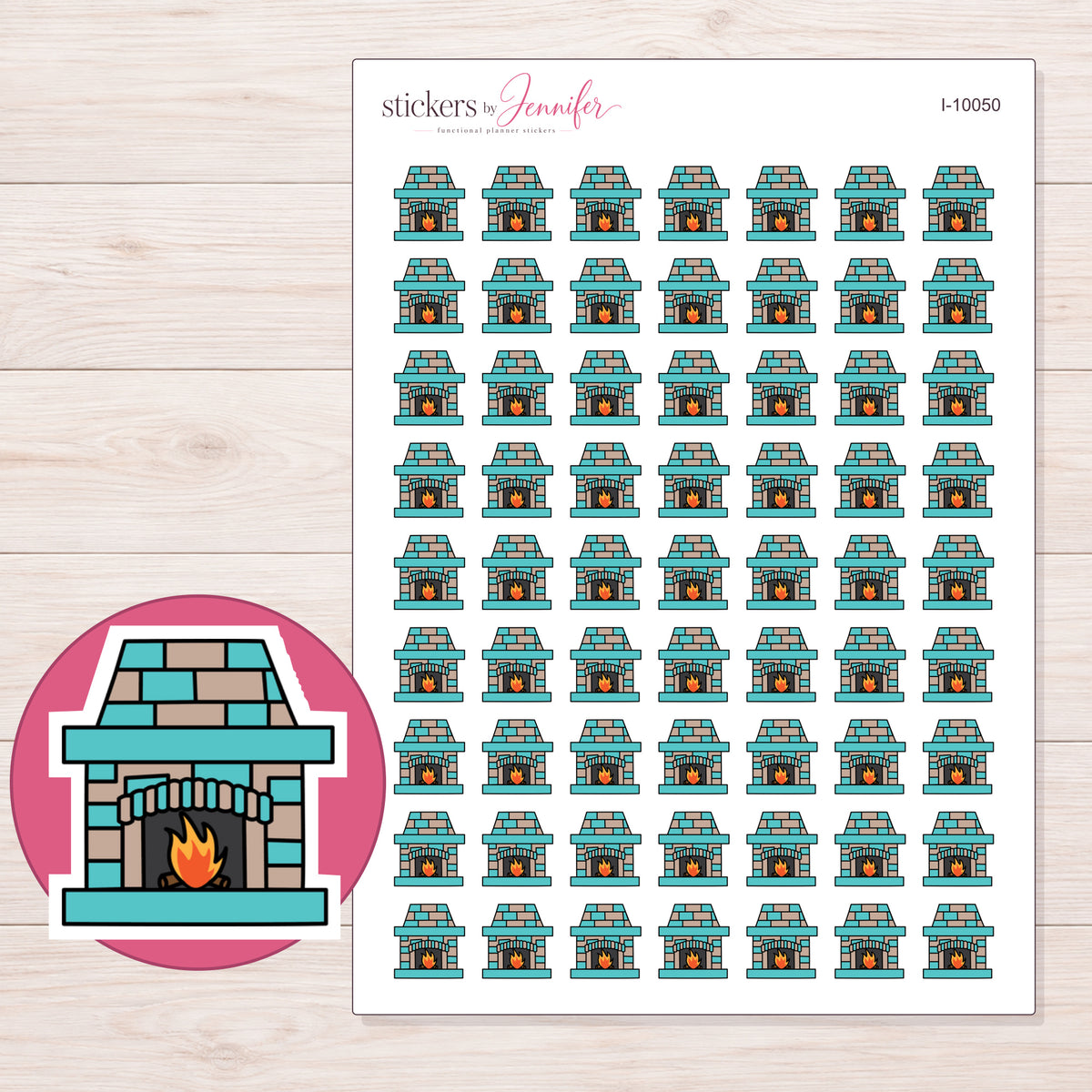 Teal Brick Fireplace Planner Stickers | I-10050 — 5 × 7 inch sheet and enlarged sticker detail