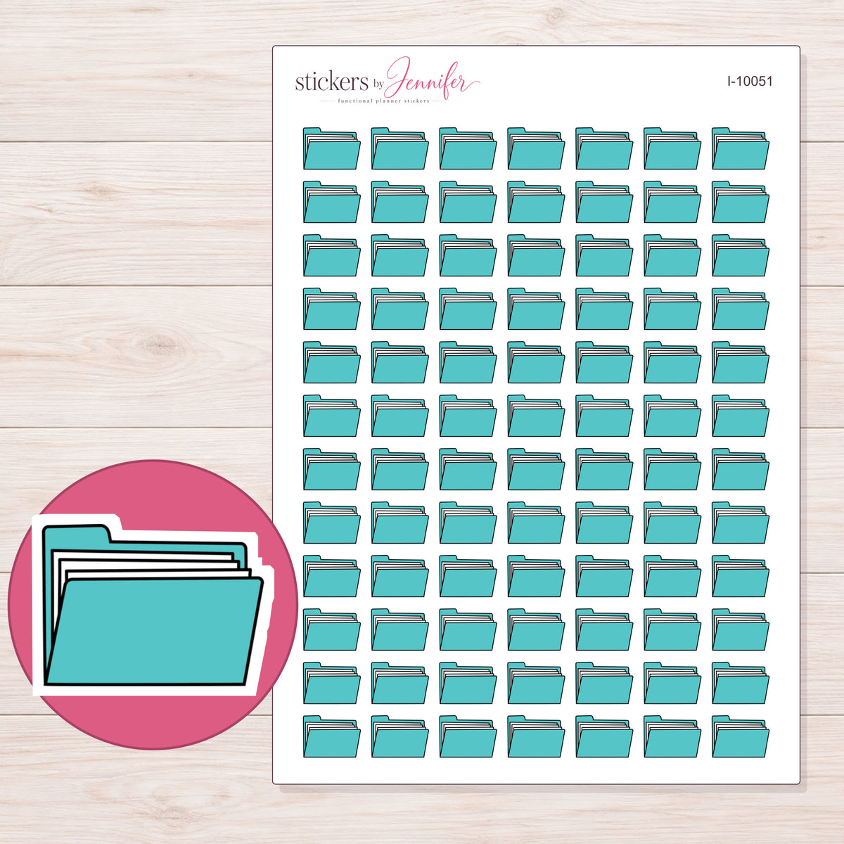 Teal File Folder Planner Stickers | I-10051 — 5 × 7 inch sheet and enlarged sticker detail