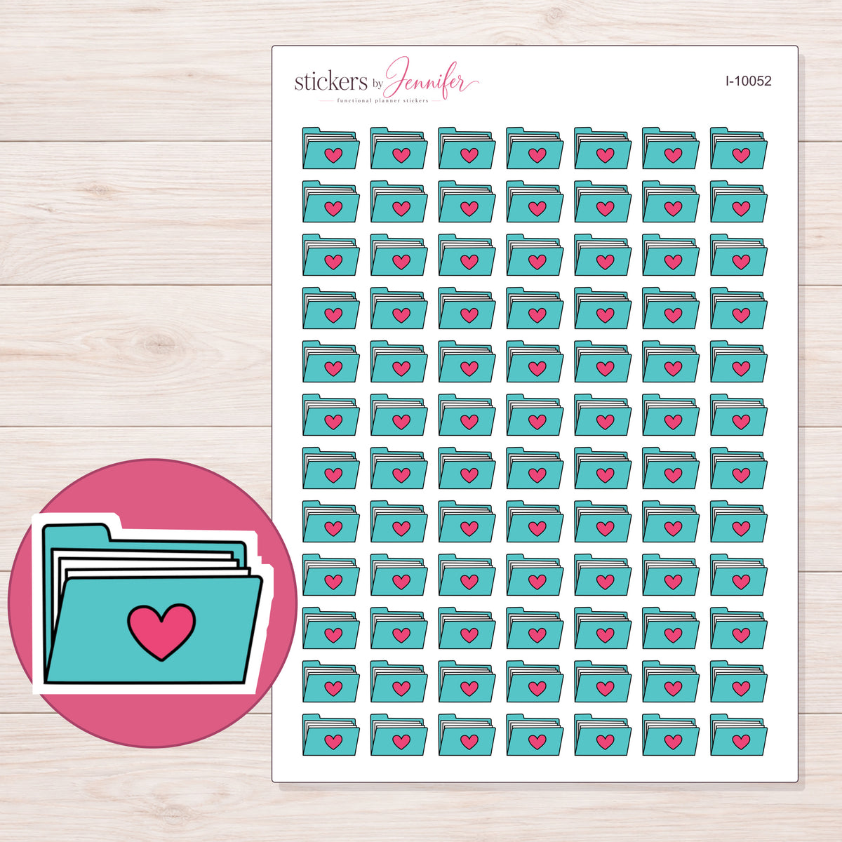 Teal Pink Heart Folder Planner Stickers | I-10052 — 5 × 7 inch sheet and enlarged sticker detail