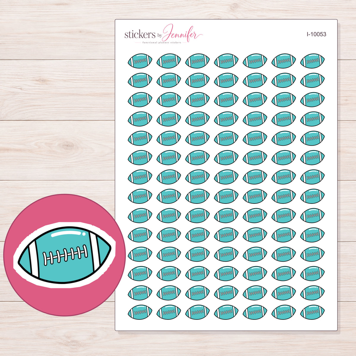 Teal Football Planner Stickers | I-10053 — 5 × 7 inch sheet and enlarged sticker detail