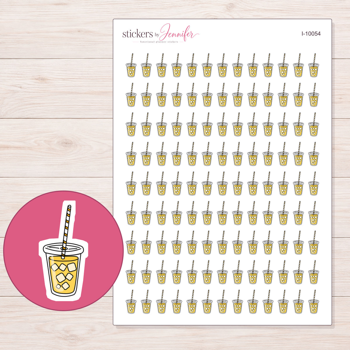 Yellow Iced Tea Planner Stickers | I-10054 — 5 × 7 inch sheet and enlarged sticker detail