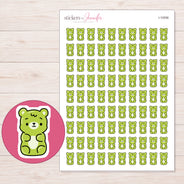 Lime Green Gummy Bear Planner Stickers | I-10056 — 5 × 7 inch sheet and enlarged sticker detail