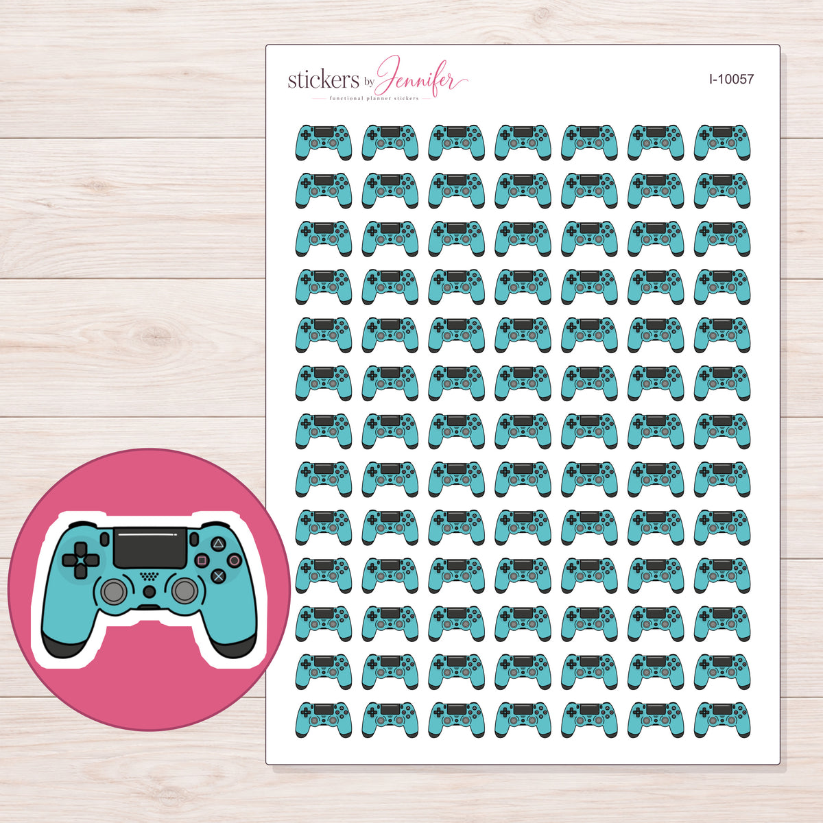Teal Game Controller Planner Stickers | I-10057 — 5 × 7 inch sheet and enlarged sticker detail