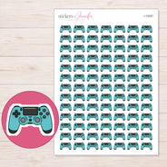 Teal Game Controller Planner Stickers | I-10057 — 5 × 7 inch sheet and enlarged sticker detail