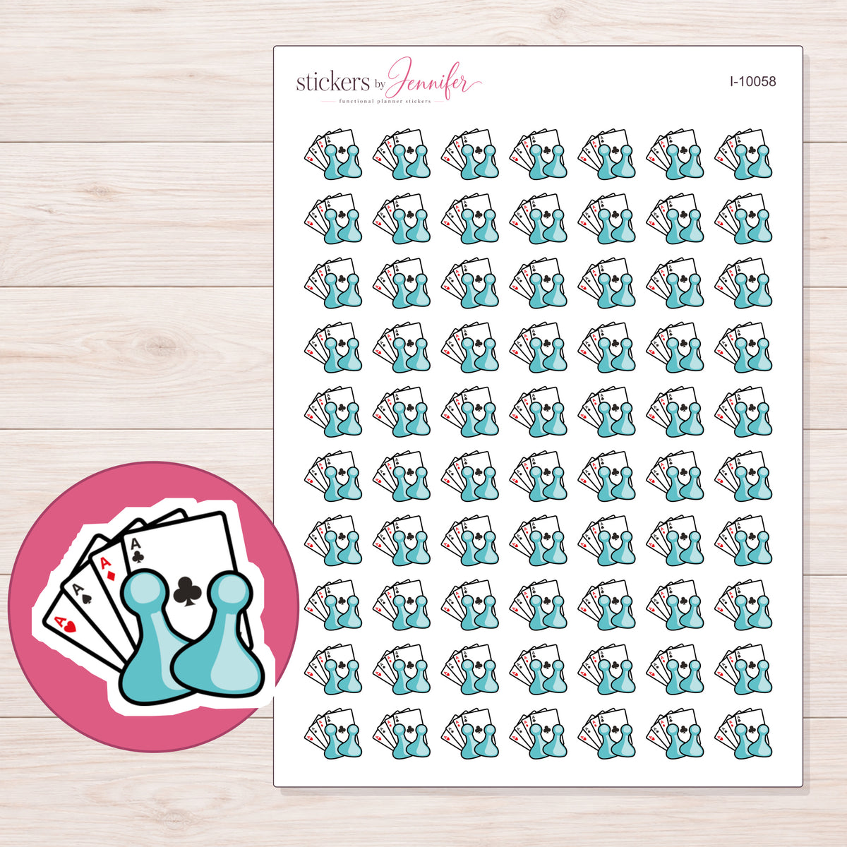 Teal Game Night Cards and Pawns Planner Stickers | I-10058 — 5 × 7 inch sheet and enlarged sticker detail