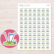 Golf Clubs and Teal Flag Planner Stickers | I-10062 — 5 × 7 inch sheet and enlarged sticker detail