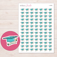 Teal Graduation Cap and Diploma Planner Stickers | I-10063 — 5 × 7 inch sheet and enlarged sticker detail