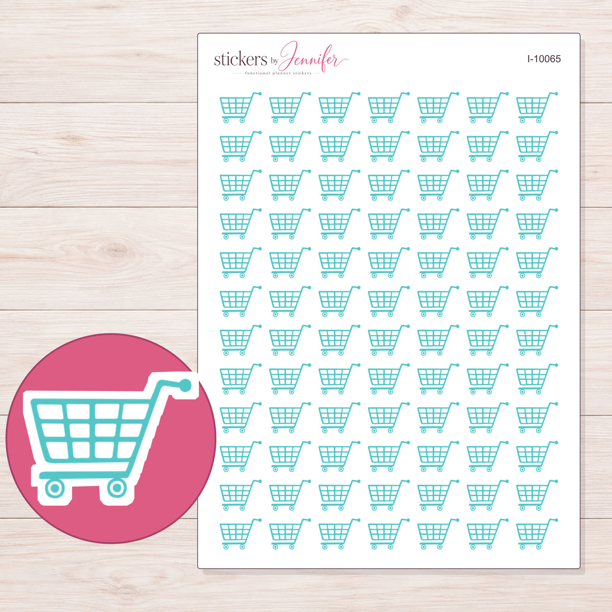 Teal Grocery Cart Planner Stickers | I-10065 — 5 × 7 inch sheet and enlarged sticker detail