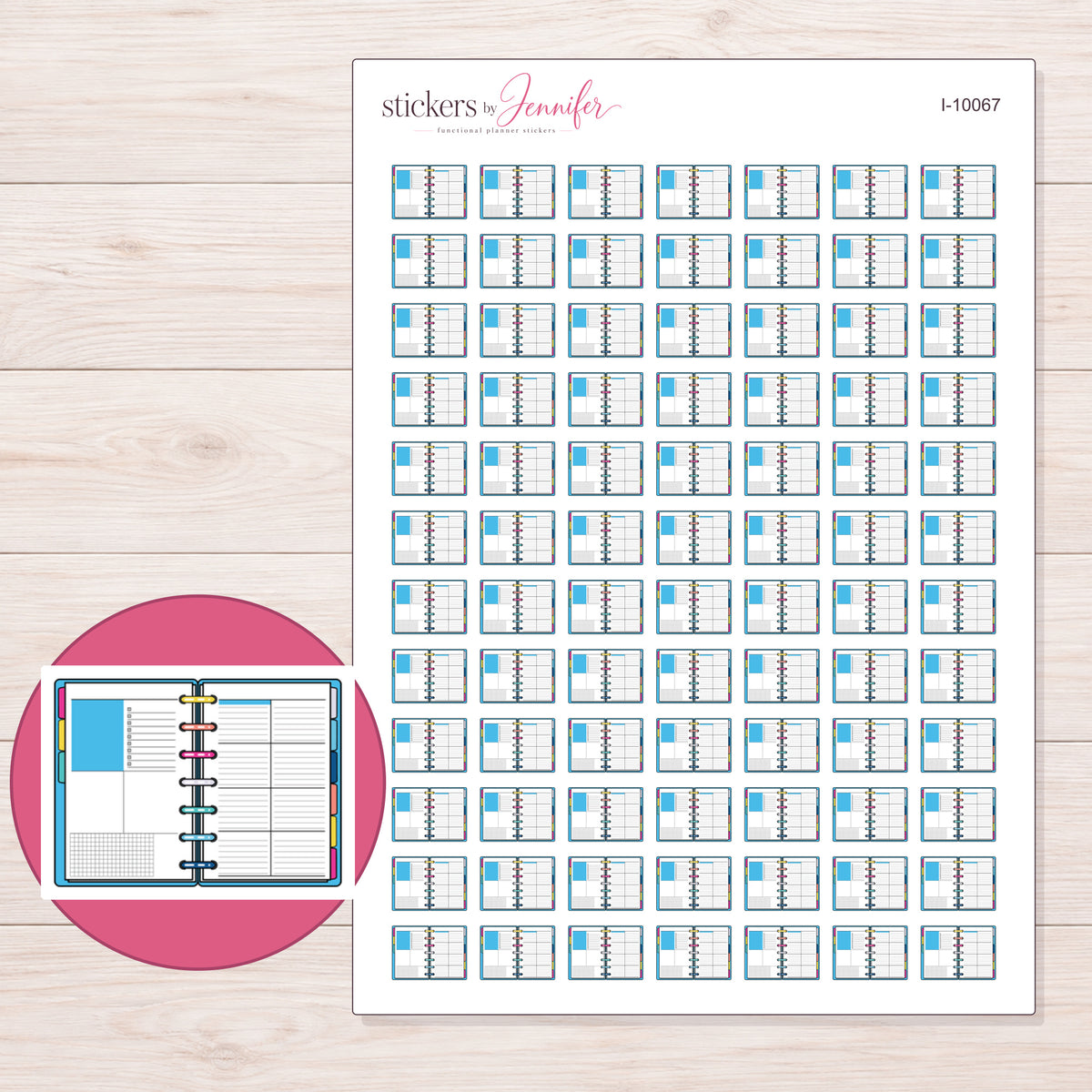 Blue Open Disc Bound Planner Stickers | I-10067 — 5 × 7 inch sheet and enlarged sticker detail
