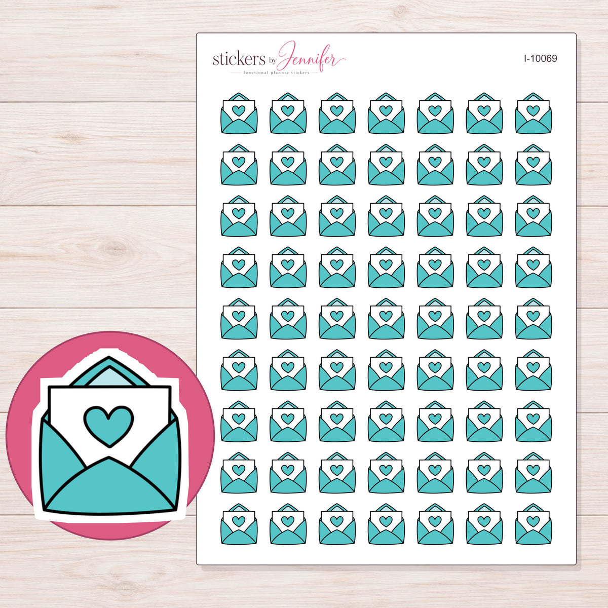 Teal Heart Happy Mail Planner Stickers | I-10069 — 5 × 7 inch sheet and enlarged sticker detail