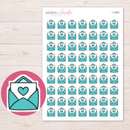 Teal Heart Happy Mail Planner Stickers | I-10069 — 5 × 7 inch sheet and enlarged sticker detail