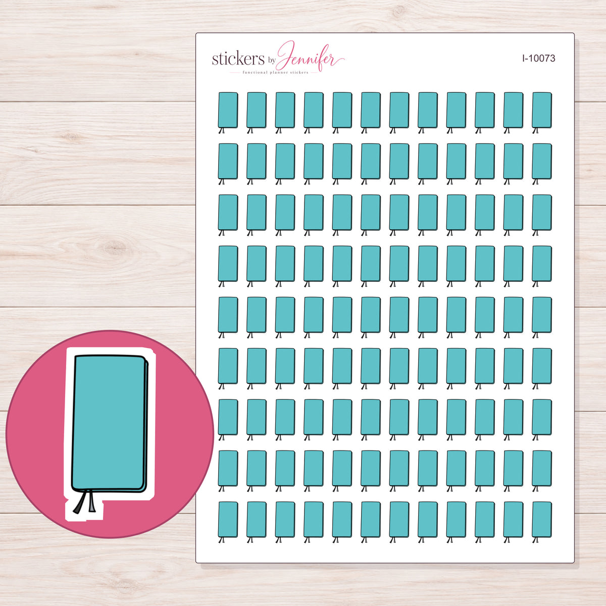 Teal Slim Closed Planner Stickers | I-10073 — 5 × 7 inch sheet and enlarged sticker detail