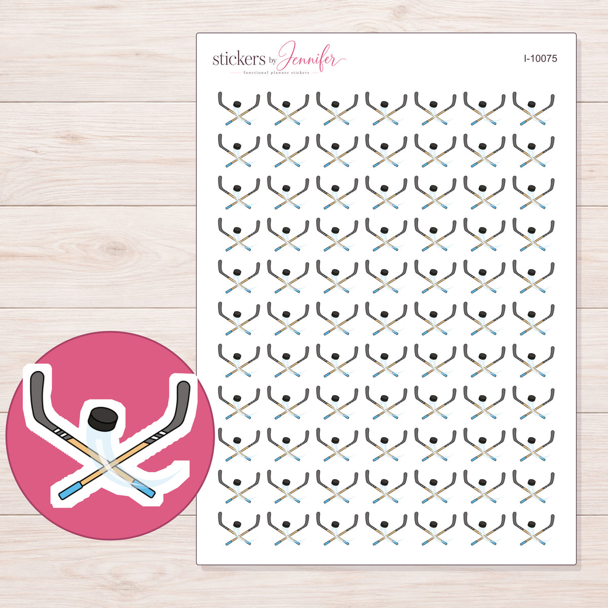 Crossed Hockey Sticks Planner Stickers | I-10075 — 5 × 7 inch sheet and enlarged sticker detail
