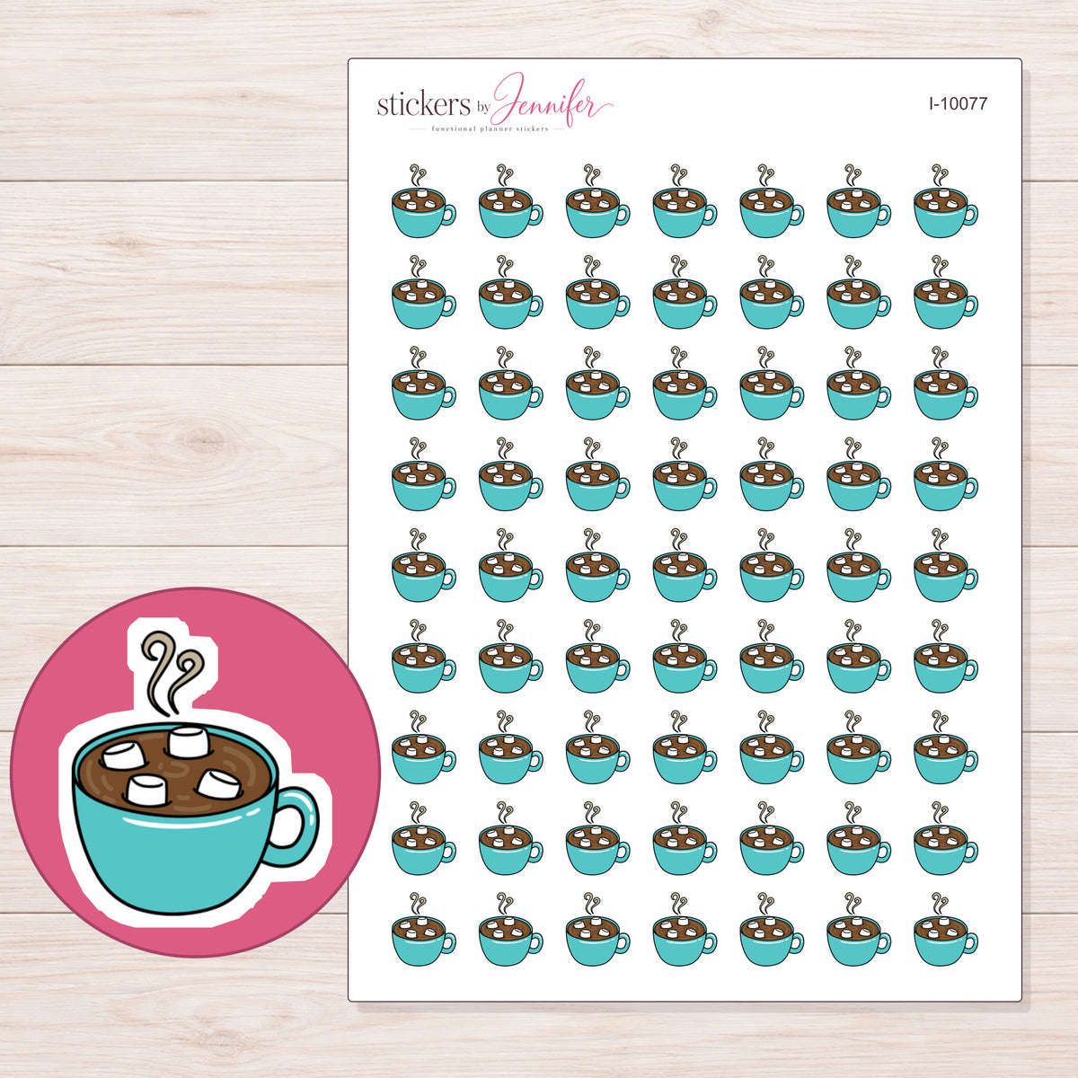 Teal Hot Chocolate Mug Planner Stickers | I-10077 — 5 × 7 inch sheet and enlarged sticker detail