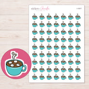 Teal Hot Chocolate Mug Planner Stickers | I-10077 — 5 × 7 inch sheet and enlarged sticker detail