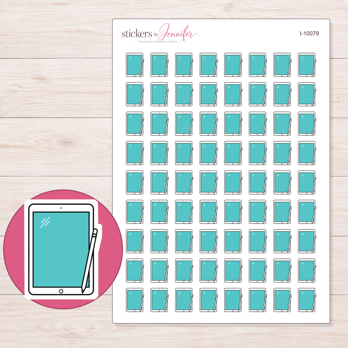 Teal Screen Tablet and Stylus Planner Stickers | I-10079 — 5 × 7 inch sheet and enlarged sticker detail