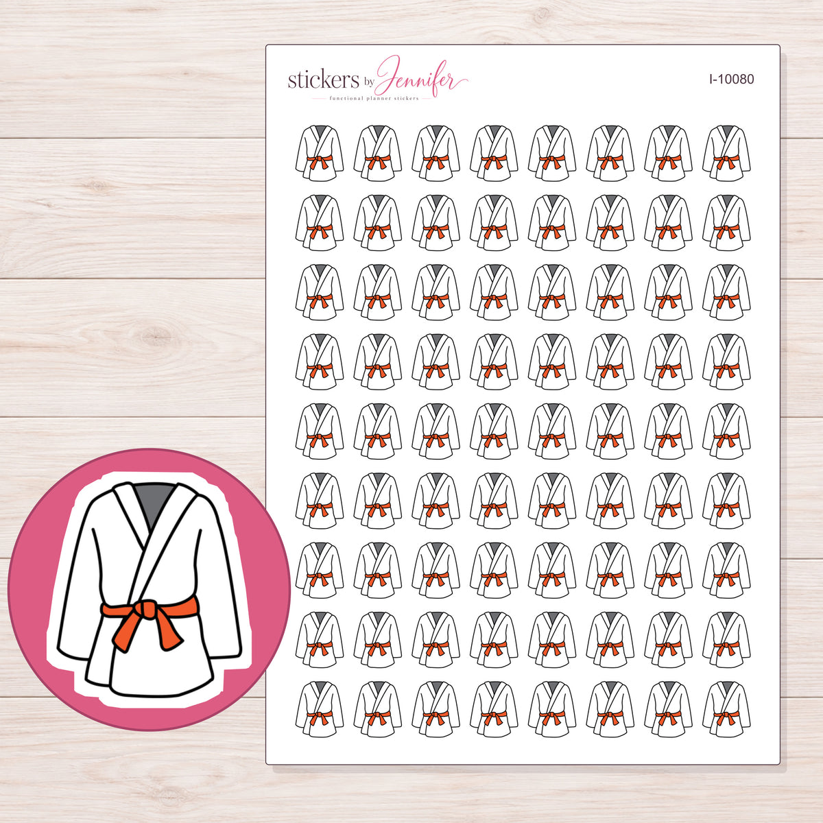 Orange Belt Karate Uniform Planner Stickers | I-10080 — 5 × 7 inch sheet and enlarged sticker detail