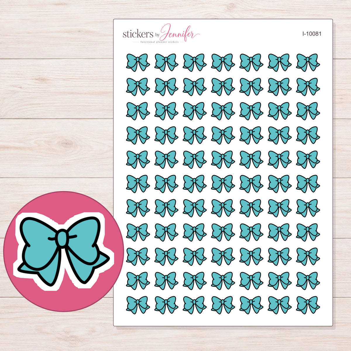 Teal Doodle Bow Planner Stickers | I-10081 — 5 × 7 inch sheet and enlarged sticker detail