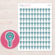 Teal Pink Heart Key Planner Stickers | I-10082 — 5 × 7 inch sheet and enlarged sticker detail