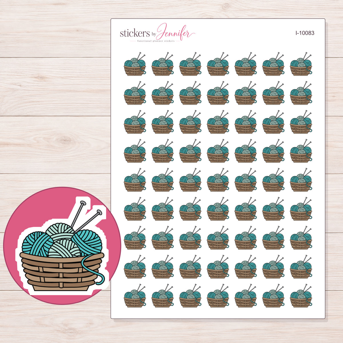 Teal Knitting Yarn Basket Planner Stickers | I-10083 — 5 × 7 inch sheet and enlarged sticker detail