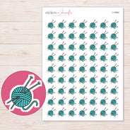 Teal Yarn Ball and Knitting Needles Planner Stickers | I-10084 — 5 × 7 inch sheet and enlarged sticker detail