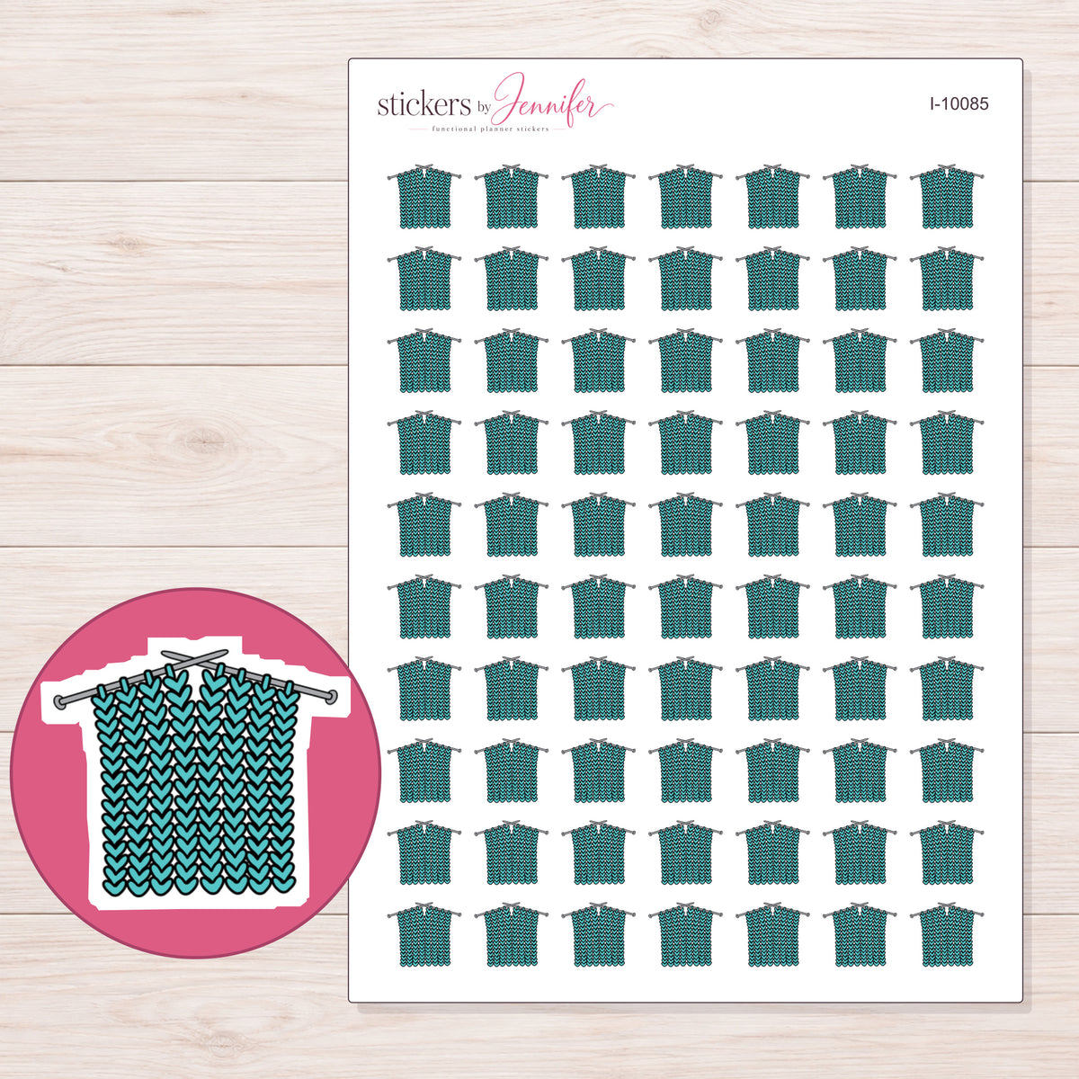 Teal Knitted Swatch Planner Stickers | I-10085 — 5 × 7 inch sheet and enlarged sticker detail