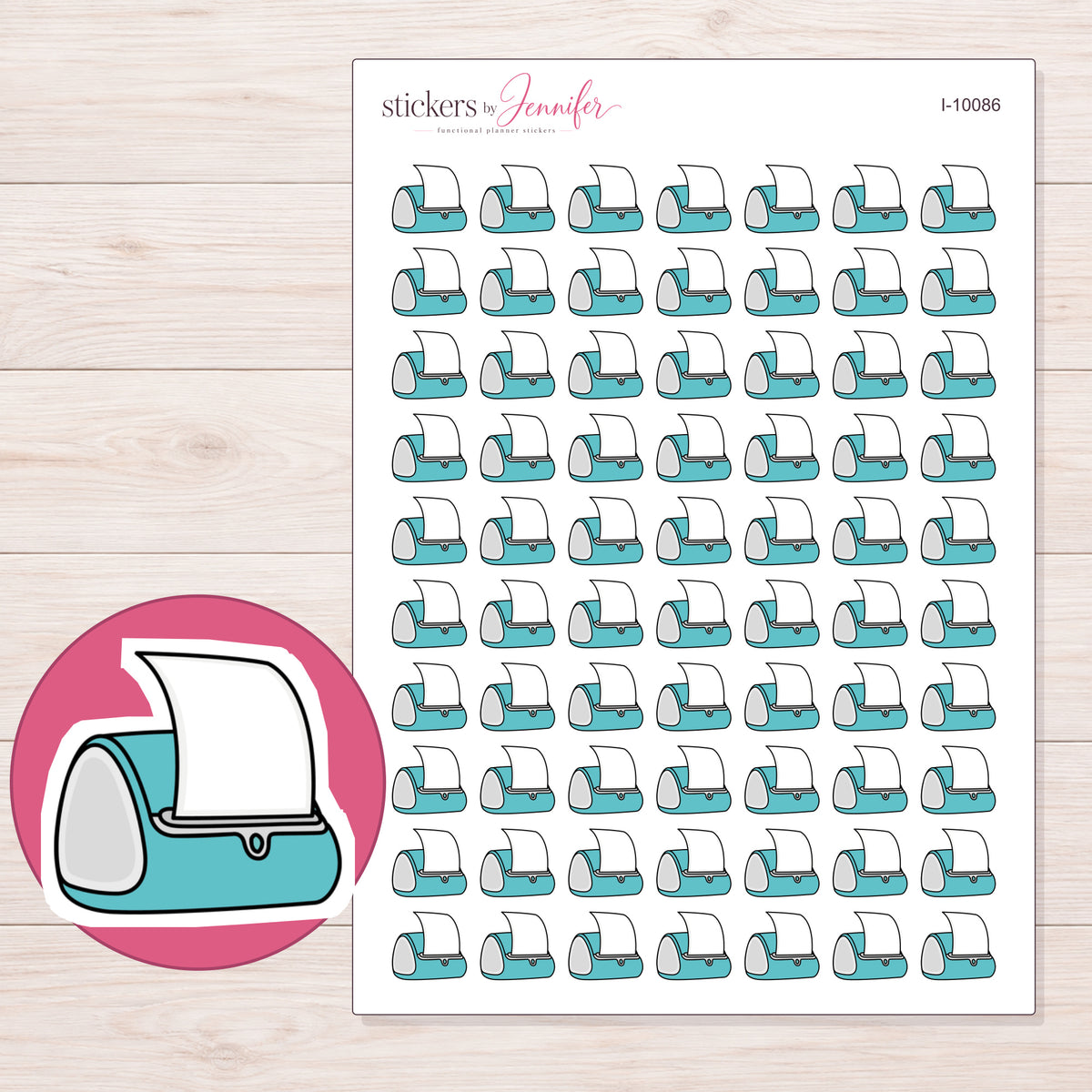 Teal Label Printer Planner Stickers | I-10086 — 5 × 7 inch sheet and enlarged sticker detail
