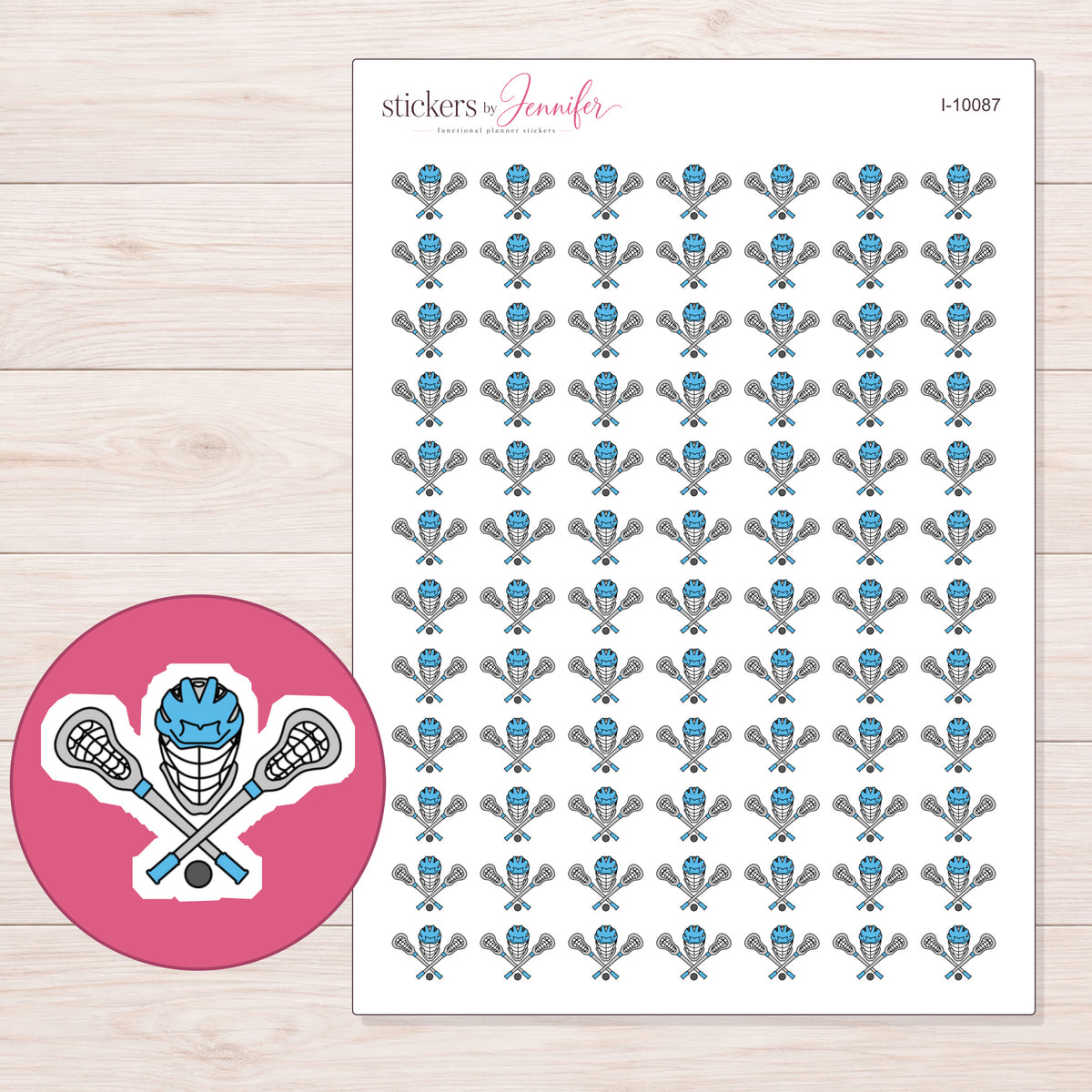 Blue Lacrosse Helmet and Sticks Planner Stickers | I-10087 — 5 × 7 inch sheet and enlarged sticker detail