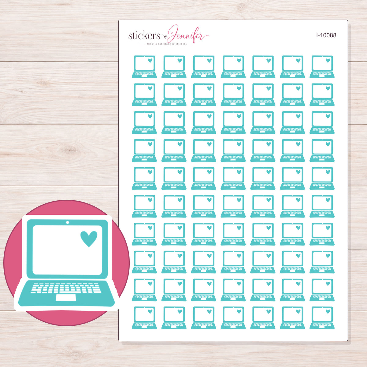 Teal Heart Screen Laptop Planner Stickers | I-10088 — 5 × 7 inch sheet and enlarged sticker detail