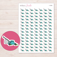 Teal Lawn Mower Planner Stickers | I-10090 — 5 × 7 inch sheet and enlarged sticker detail