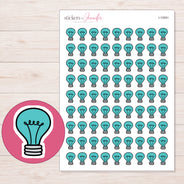 Teal Light Bulb Planner Stickers | I-10091 — 5 × 7 inch sheet and enlarged sticker detail
