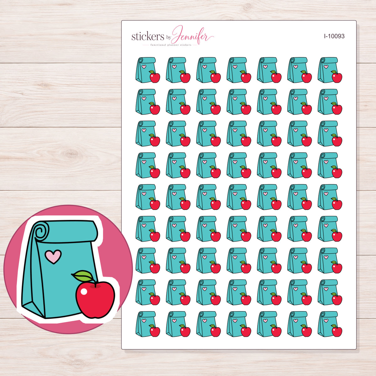 Teal Lunch Bag and Apple Planner Stickers | I-10093 — 5 × 7 inch sheet and enlarged sticker detail