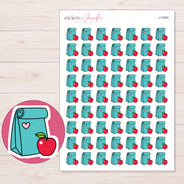 Teal Lunch Bag and Apple Planner Stickers | I-10093 — 5 × 7 inch sheet and enlarged sticker detail
