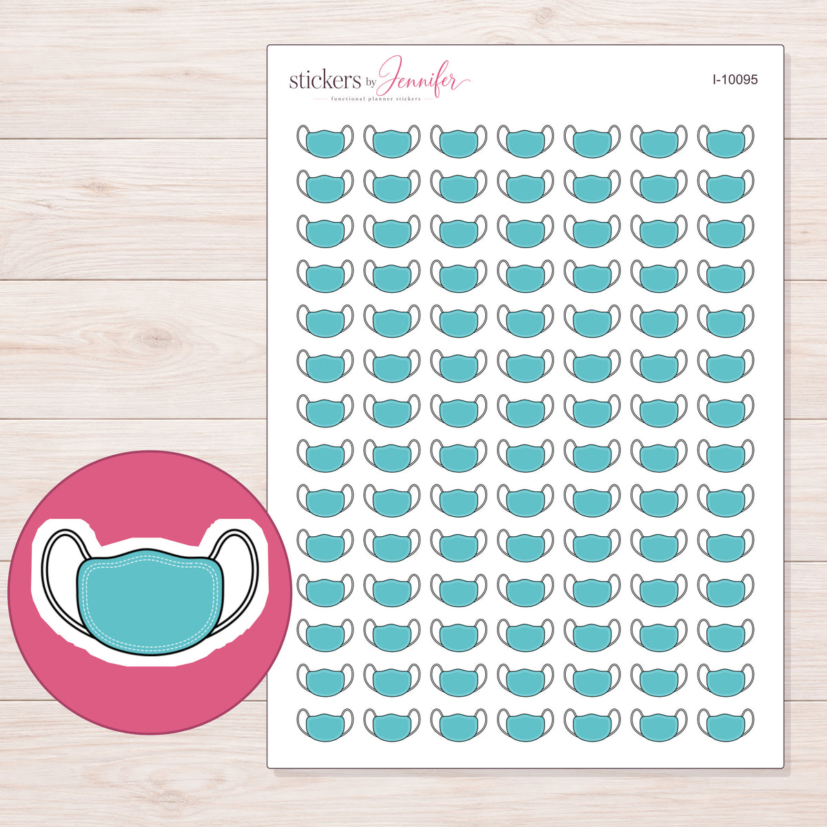Teal Face Mask Planner Stickers | I-10095 — 5 × 7 inch sheet and enlarged sticker detail