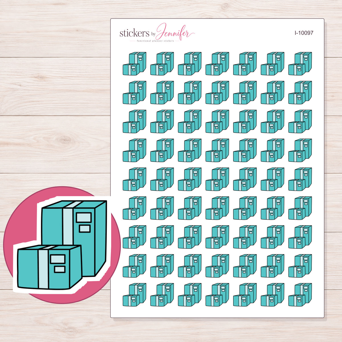 Teal Shipping Boxes Planner Stickers | I-10097 — 5 × 7 inch sheet and enlarged sticker detail