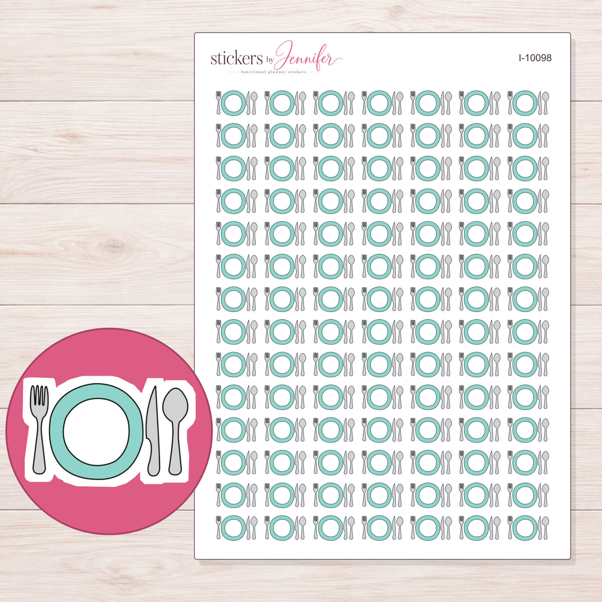 Teal Plate and Cutlery Planner Stickers | I-10098 — 5 × 7 inch sheet and enlarged sticker detail