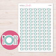 Teal Plate and Cutlery Planner Stickers | I-10098 — 5 × 7 inch sheet and enlarged sticker detail