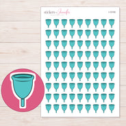 Teal Menstrual Cup Planner Stickers | I-10100 — 5 × 7 inch sheet and enlarged sticker detail