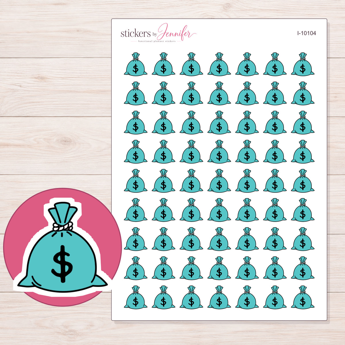 Teal Money Bag Planner Stickers | I-10104 — 5 × 7 inch sheet and enlarged sticker detail
