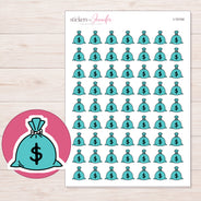 Teal Money Bag Planner Stickers | I-10104 — 5 × 7 inch sheet and enlarged sticker detail