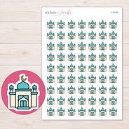Teal Dome Mosque Planner Stickers | I-10105 — 5 × 7 inch sheet and enlarged sticker detail
